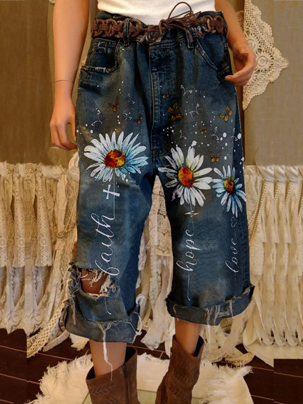 Full Size Floral Distressed Cropped Jeans Plus Size