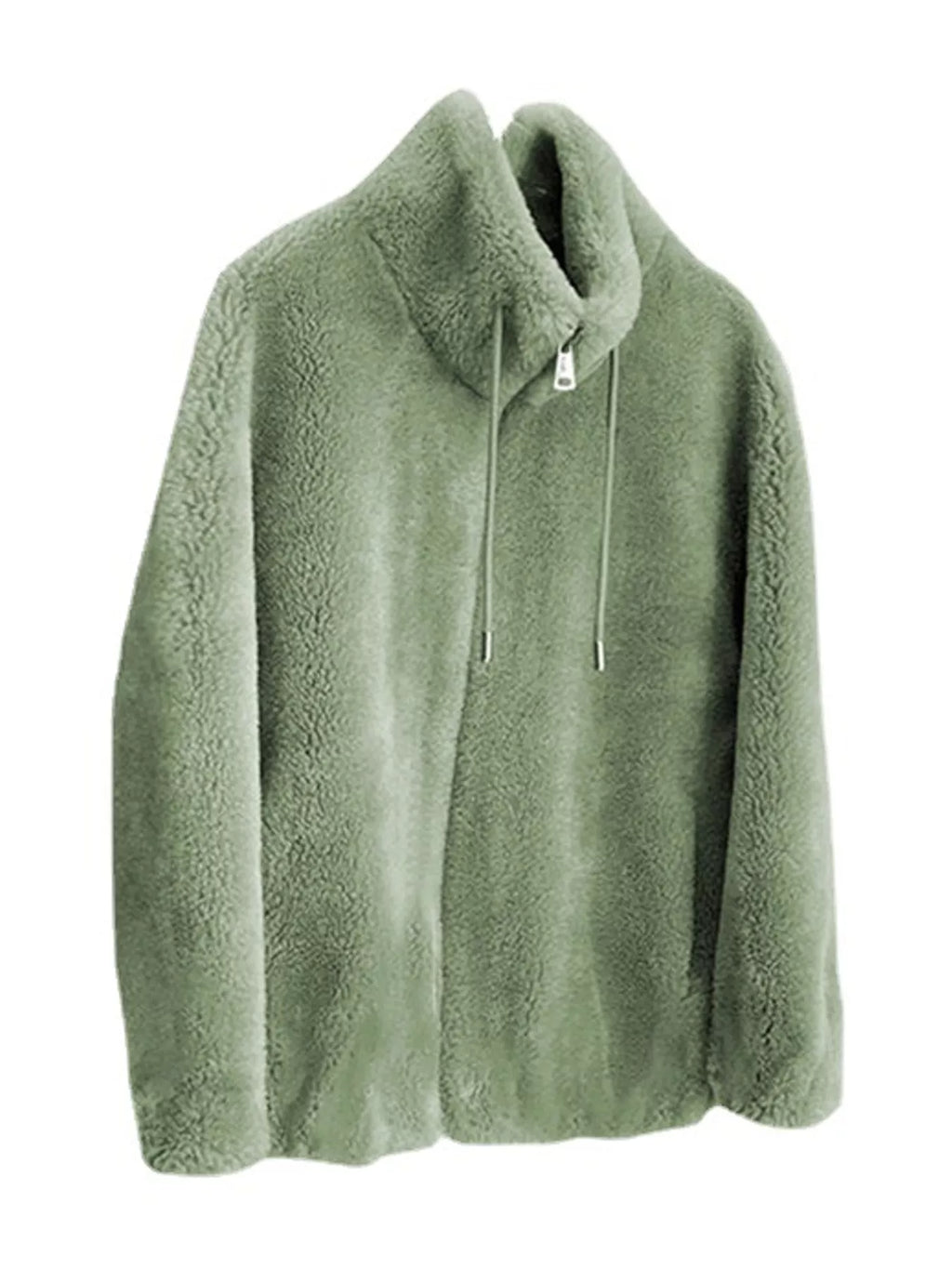 Full Size Drawstring Faux Fur Stand-Collar Zip-Up Outerwear Plus Size