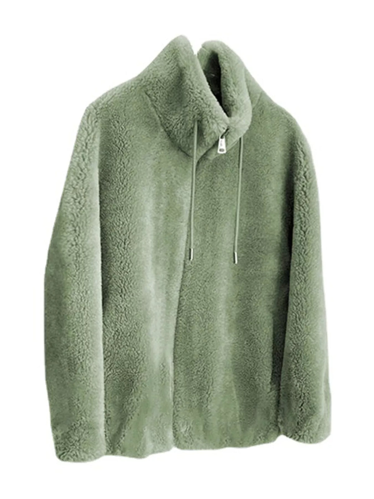 Full Size Drawstring Faux Fur Stand-Collar Zip-Up Outerwear Plus Size