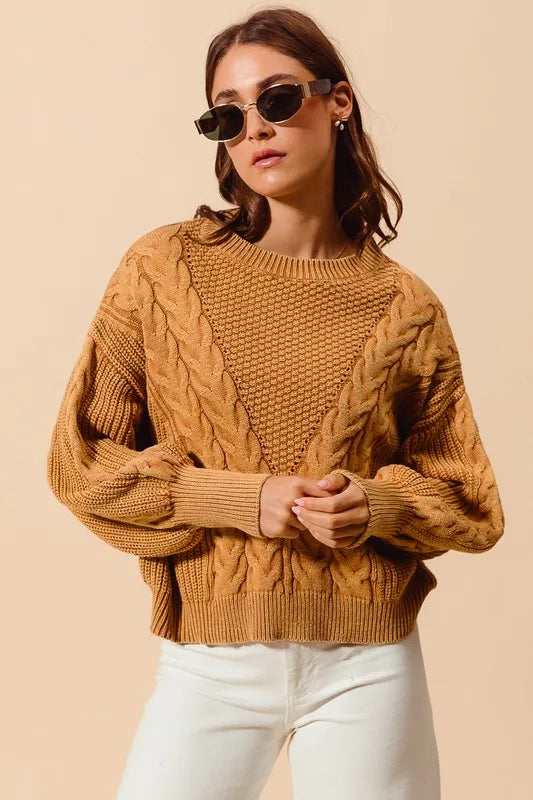 Mineral Washed Loose Fit Cable Knit Sweater with Round Neck