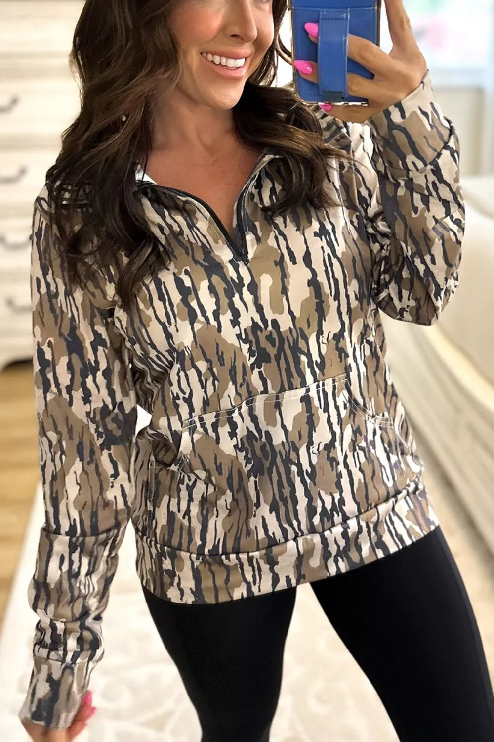 Camouflage Zipper Collar Front Pocket Sweatshirt