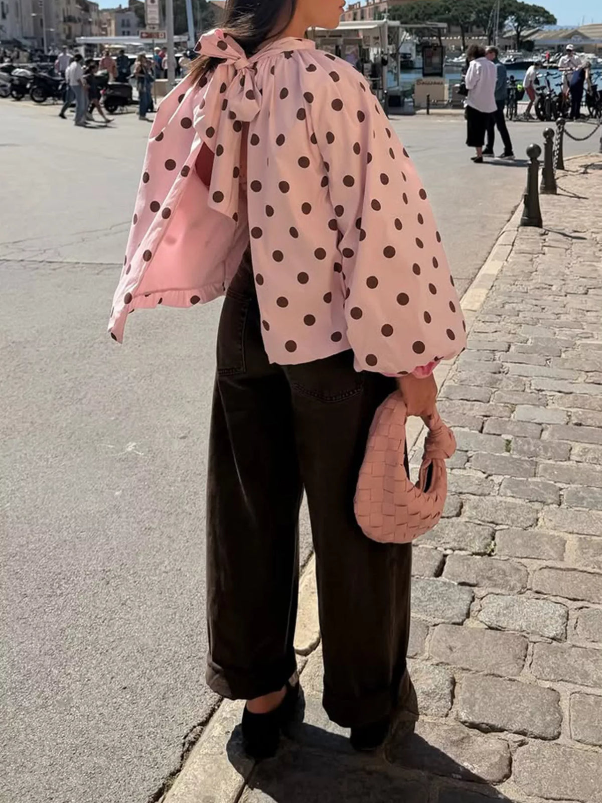 Polka Dot Open-Back Tied Blouse