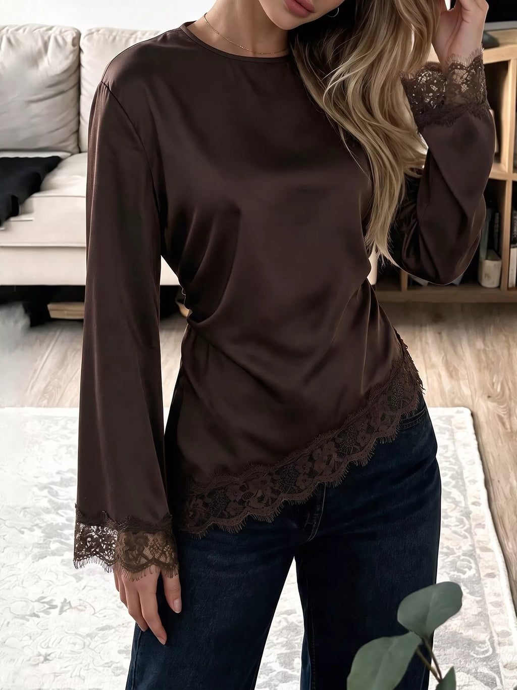 Lace Trim Long Sleeve Satin Blouse