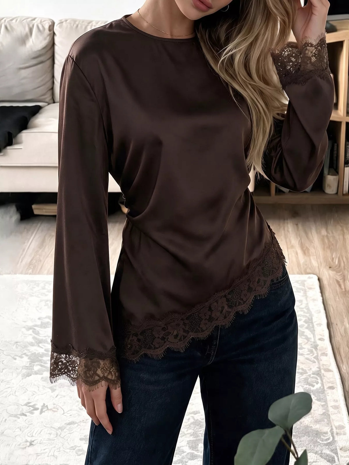 Lace Trim Long Sleeve Satin Blouse