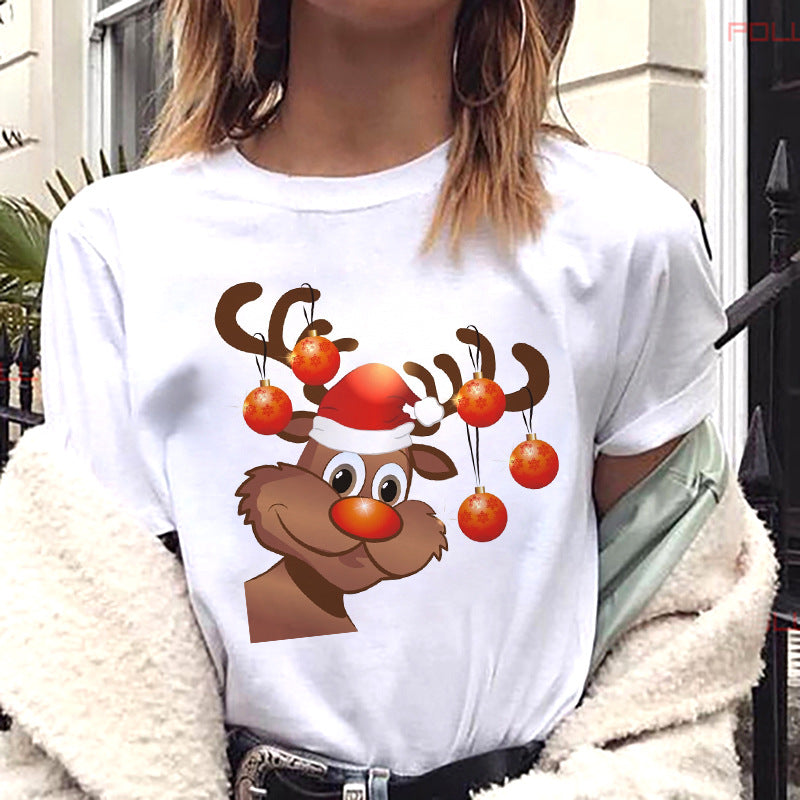European And American Women's Clothing Merry Christmas Happy Short-sleeved T-shirt Women's Top Women's Round Neck