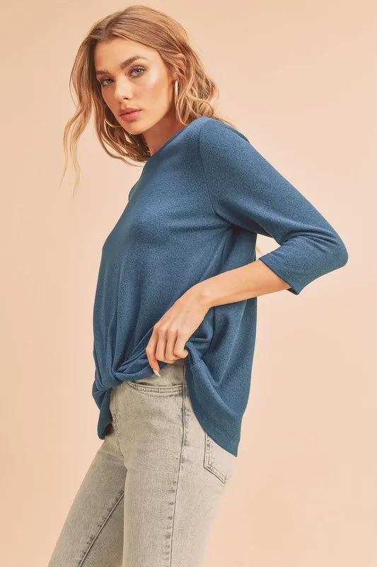 Aemi + Co Twist Front Round Neck 3/4 Sleeve T-Shirt