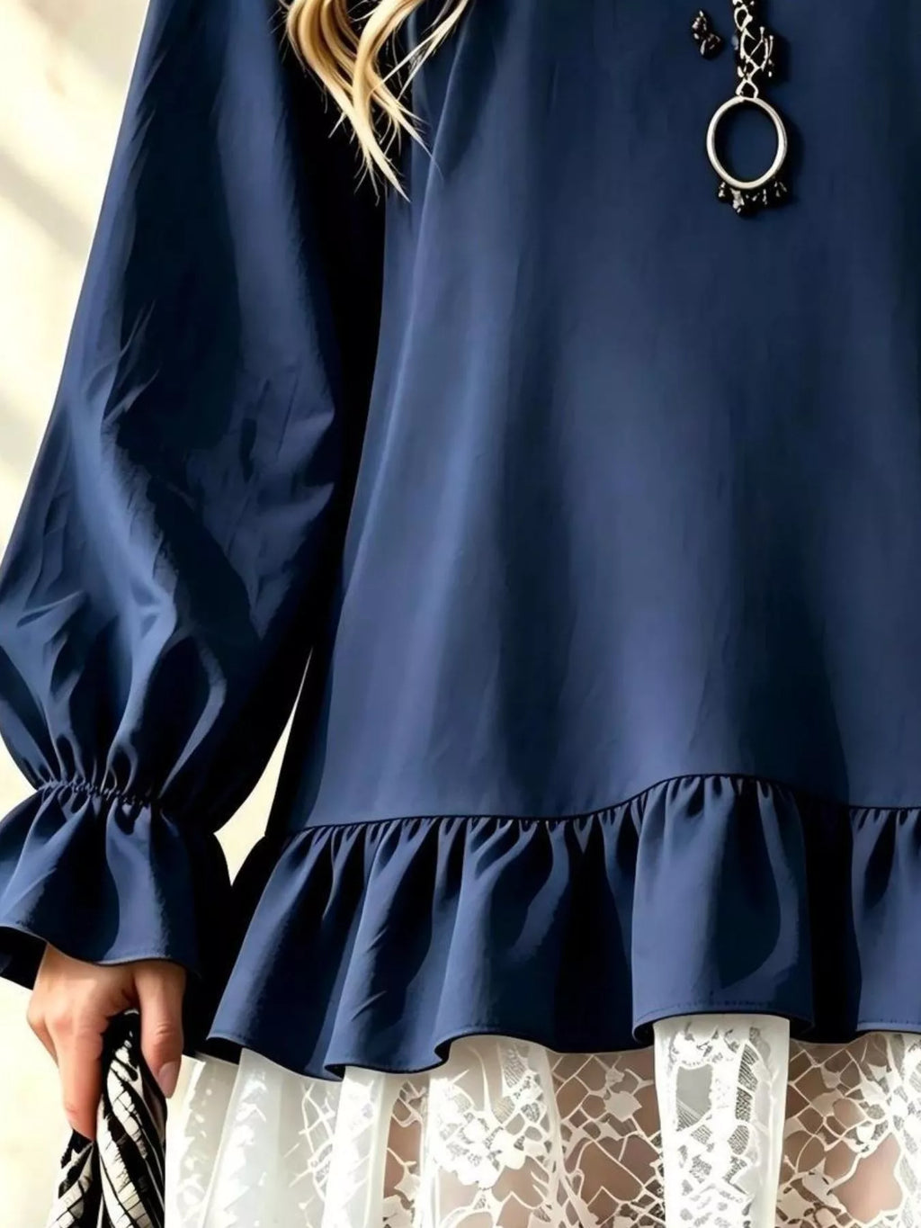 V-Neck Long Sleeve Ruffle Hem Lace Detail Dress