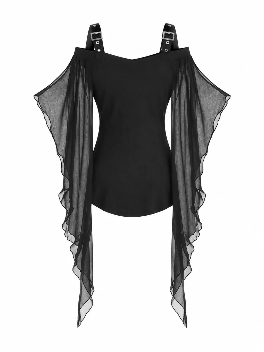 Halloween Gothic Buckle Strap Mesh Sleeve Top