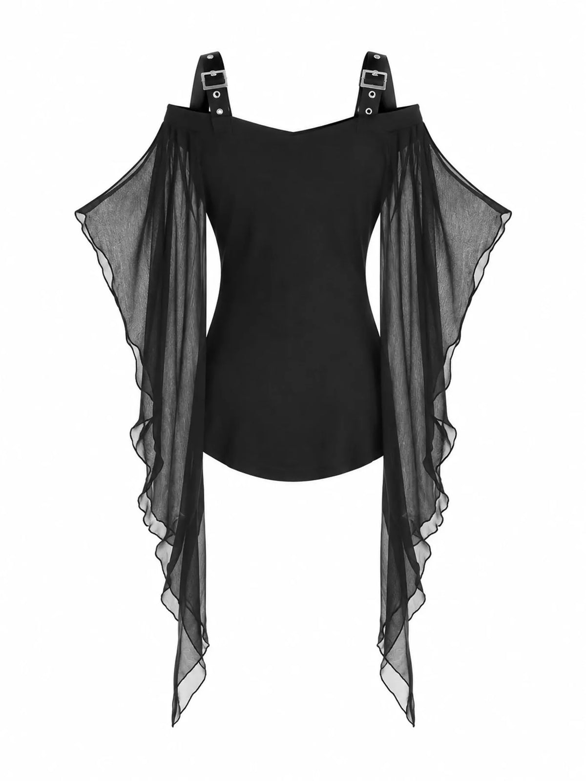 Halloween Gothic Buckle Strap Mesh Sleeve Top