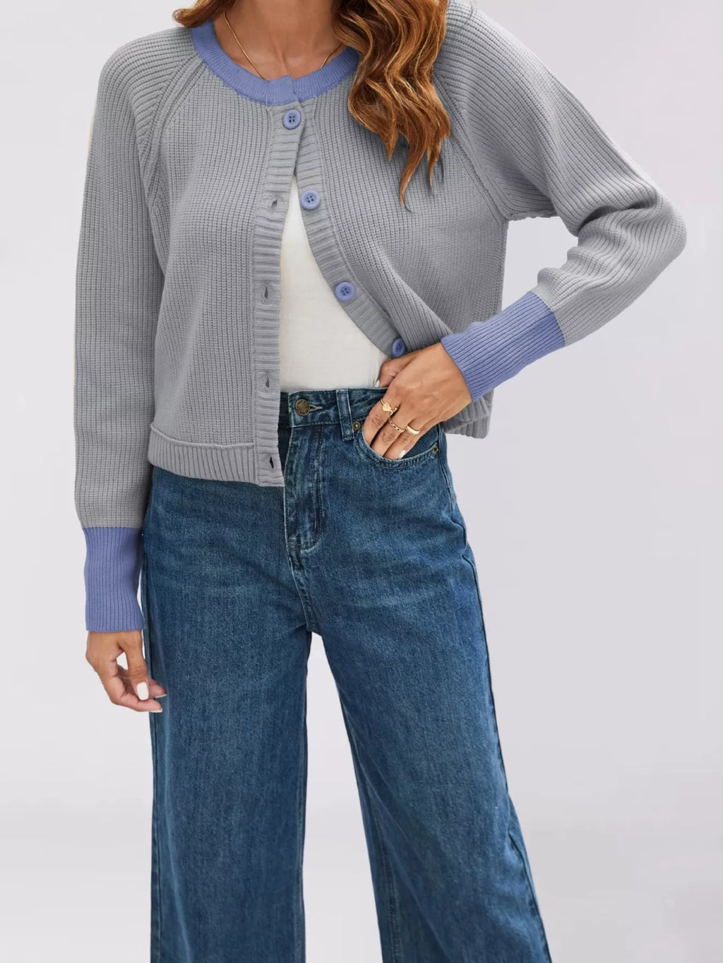 Color Block Ribbed Knit Button-Front Cardigan