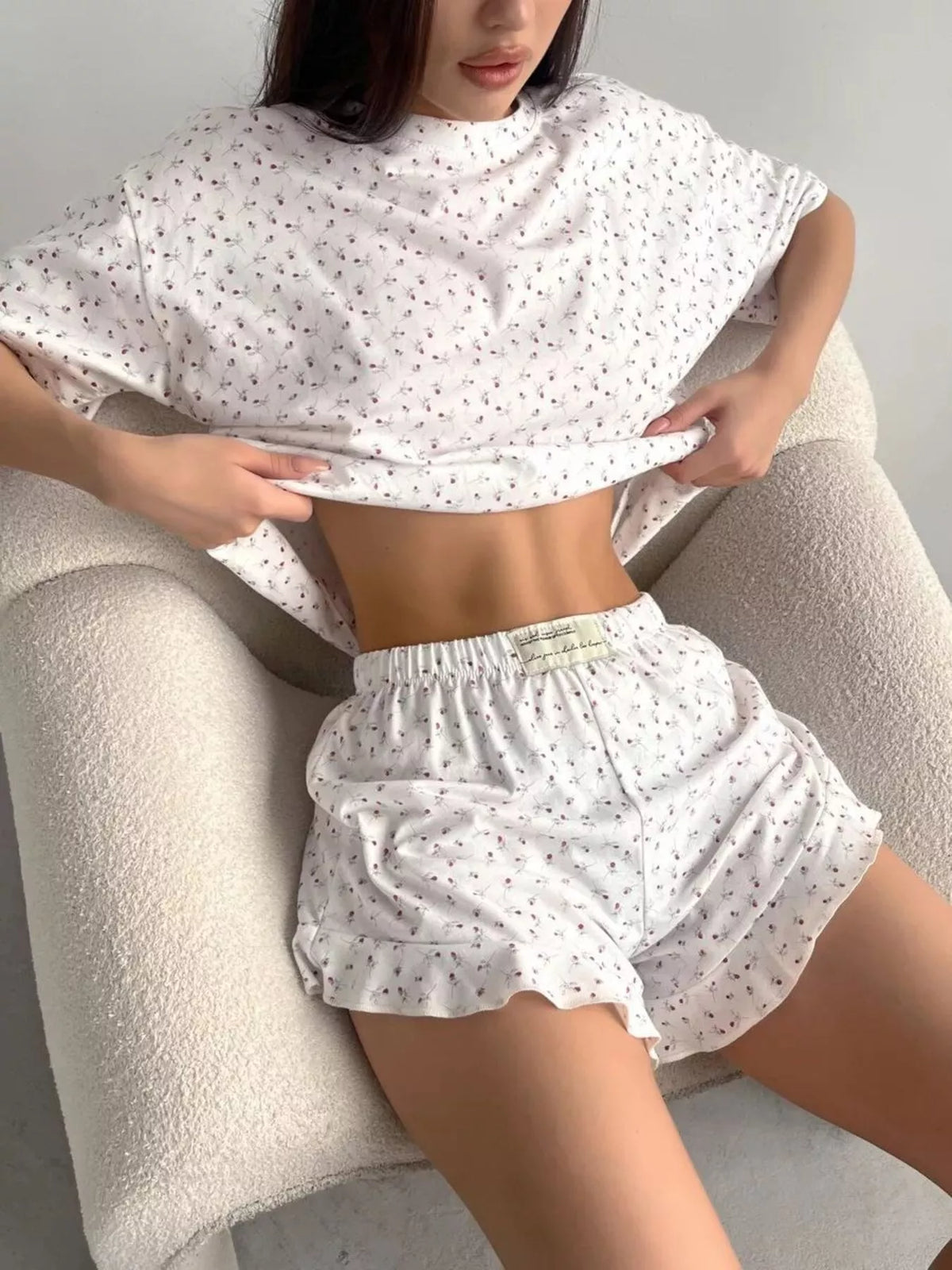 Floral Print Short Sleeve Top and Shorts Lounge Set