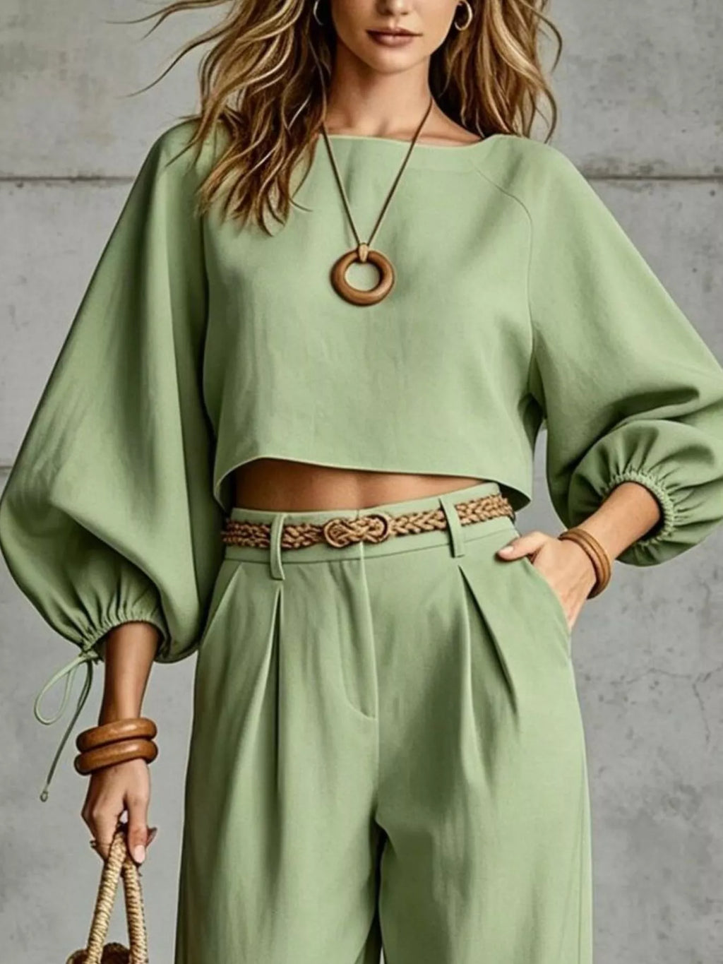 Balloon Sleeve Crop Top and Wide-Leg Pants Set