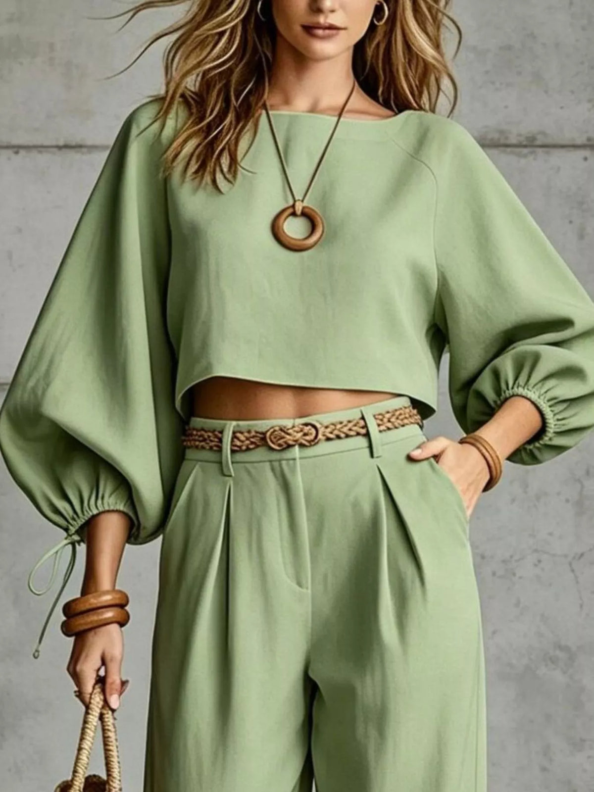 Balloon Sleeve Crop Top and Wide-Leg Pants Set