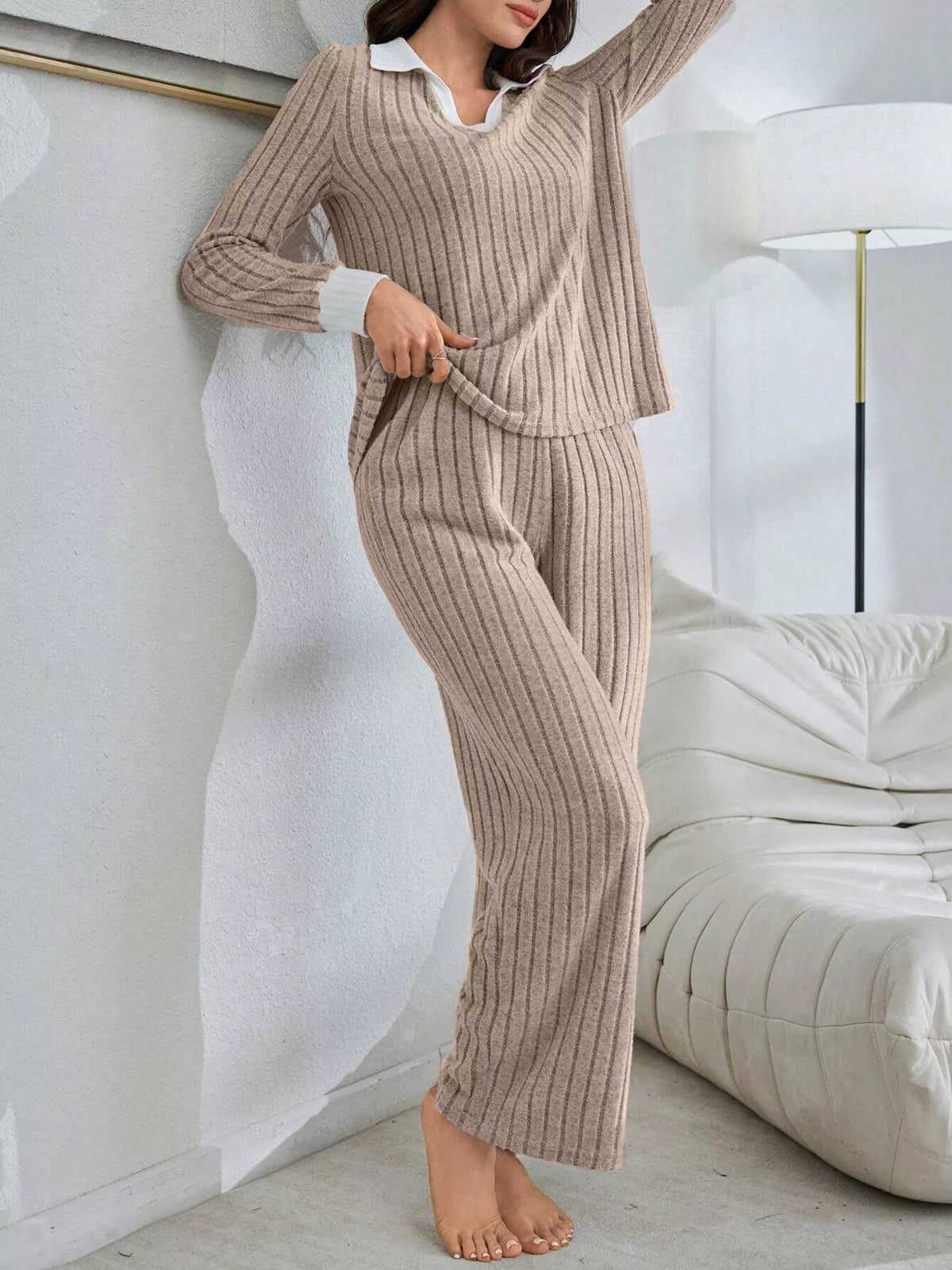 Ribbed Knit Polo Collar Top and Pants Lounge Set