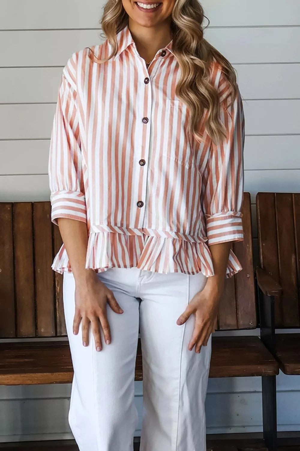 Stripe Collar Button Front Bracelet Sleeve Ruffle Hem Shirt