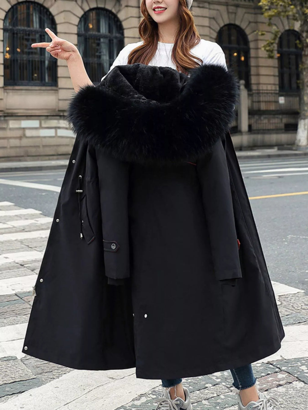 Detachable Longline Hooded Parka with Faux Fur Trim and Drawstring Waist