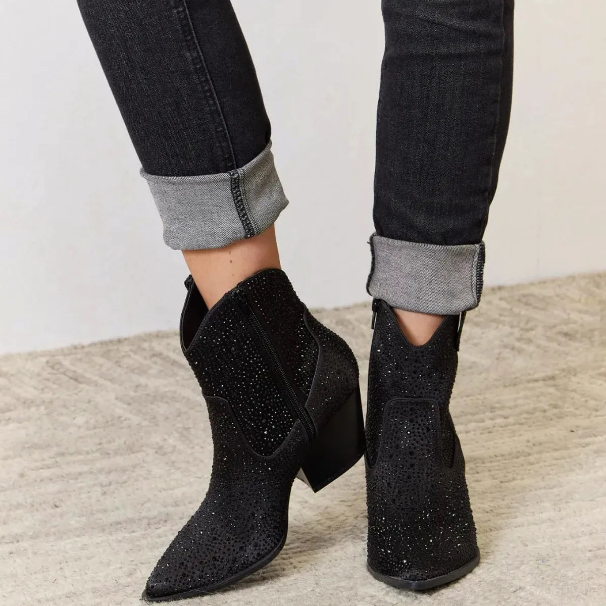 Rhinestone Western Ankle Boots with Pointed Toe