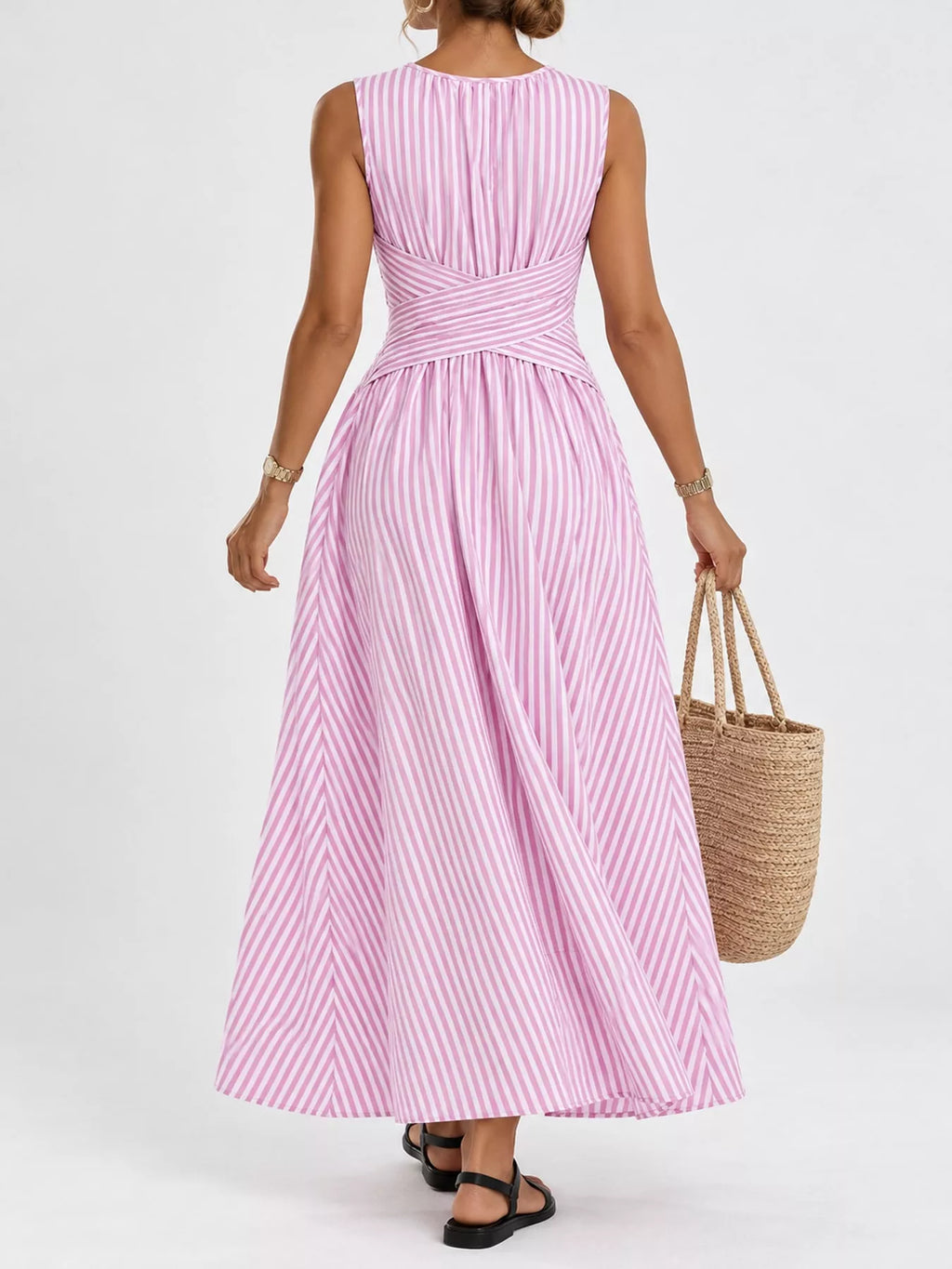 Full Size Sleeveless Striped Maxi Dress with Criss-Cross Waist Detail Plus Size
