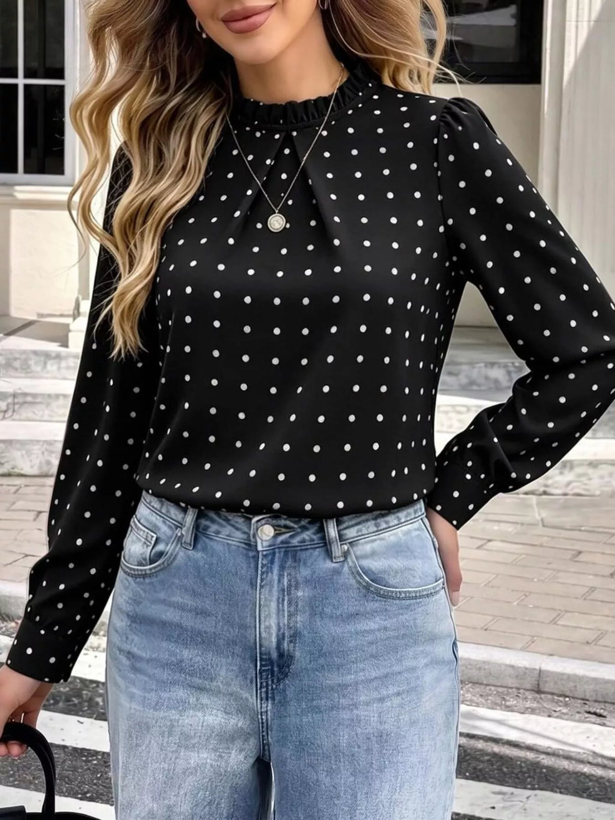 Elegant Polka Dot Print Mock Neck Long Sleeve Blouse