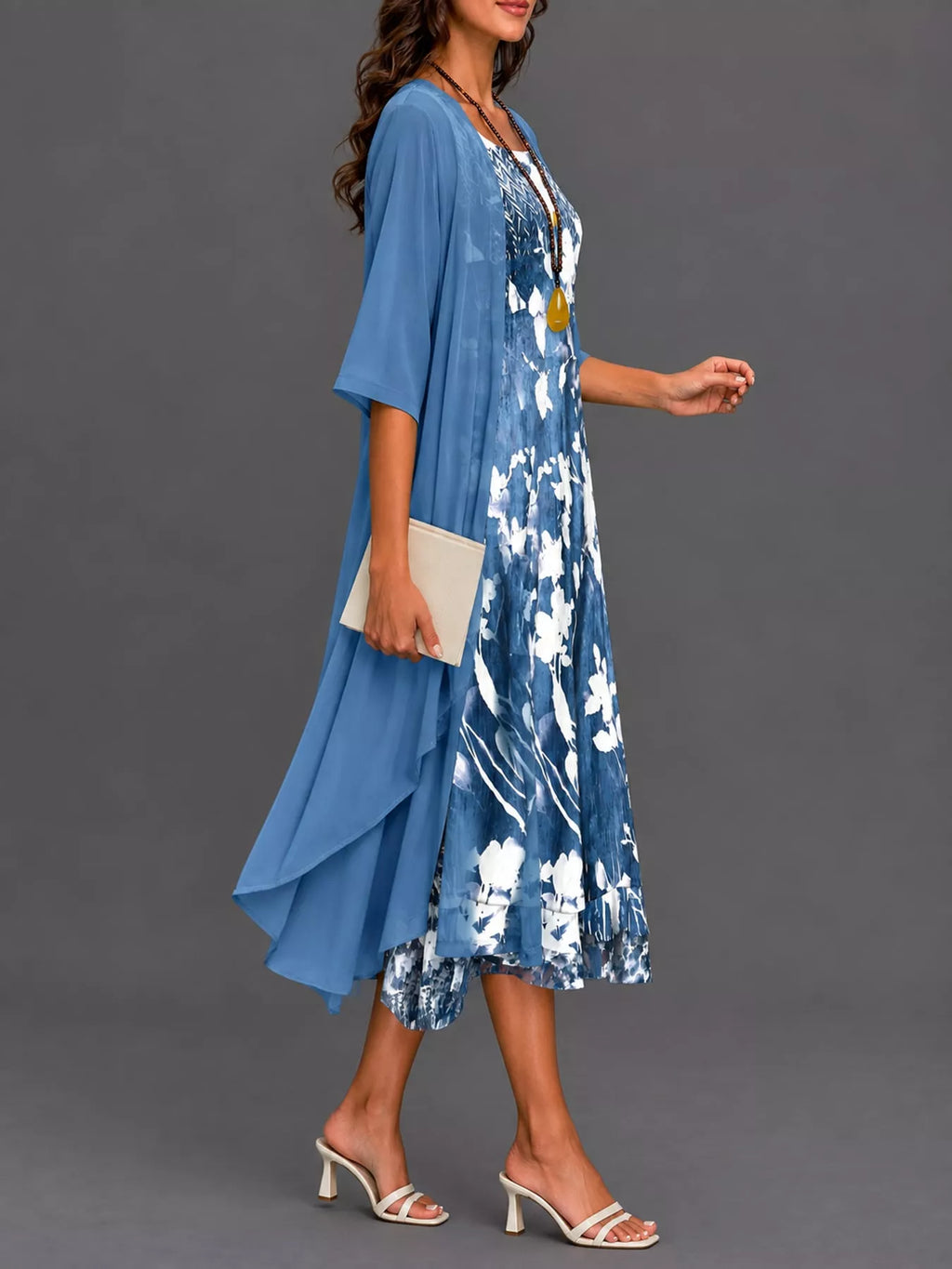 Full Size Floral Print Midi Dress and Chiffon Cardigan Set Plus Size