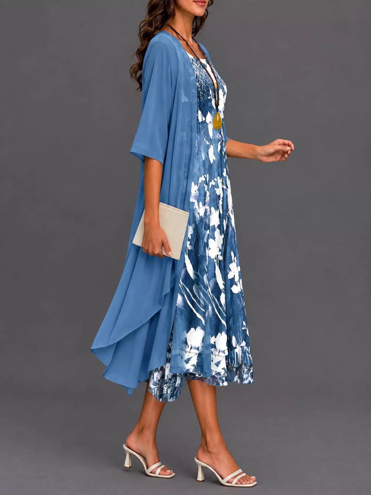 Full Size Floral Print Midi Dress and Chiffon Cardigan Set Plus Size