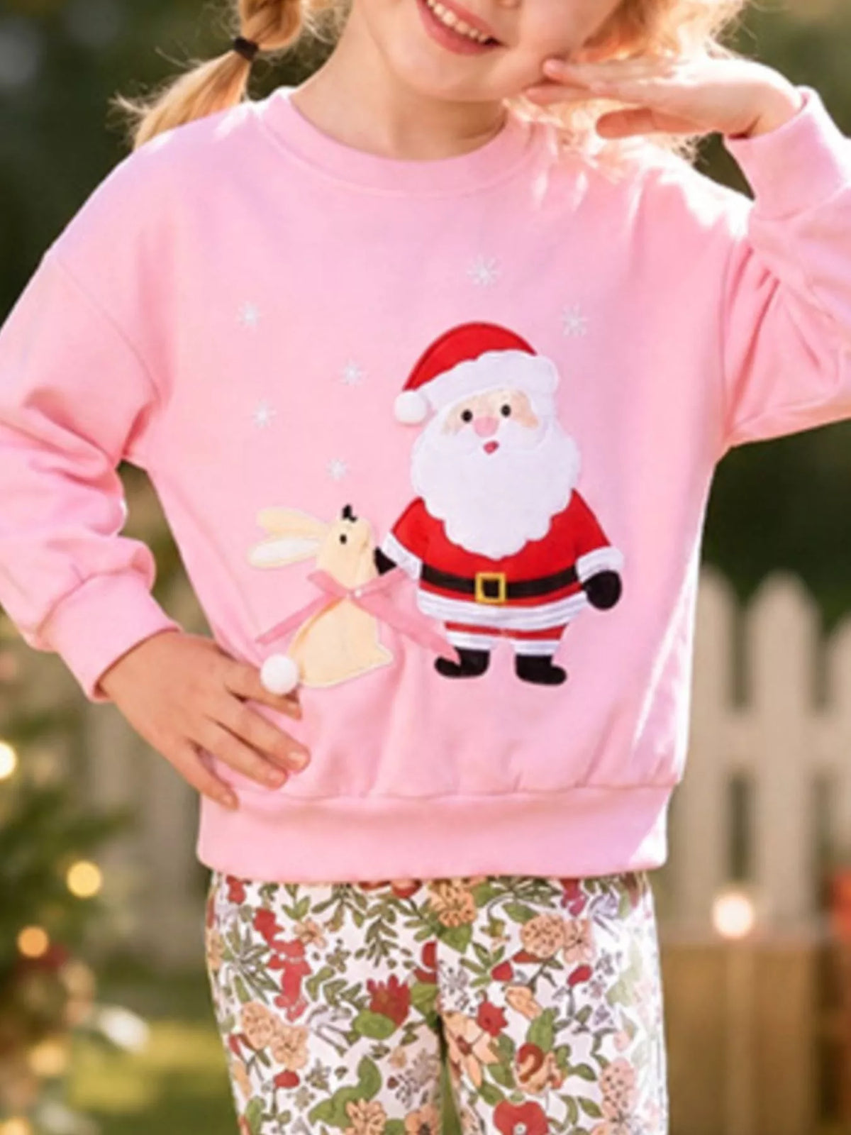 Children's Christmas Santa Graphic Sweatshirt and Floral Flare Pants Set