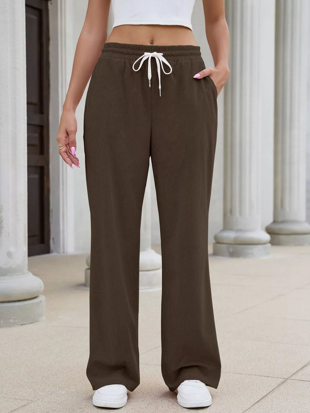 High-Waisted Drawstring Wide-Leg Casual Pants