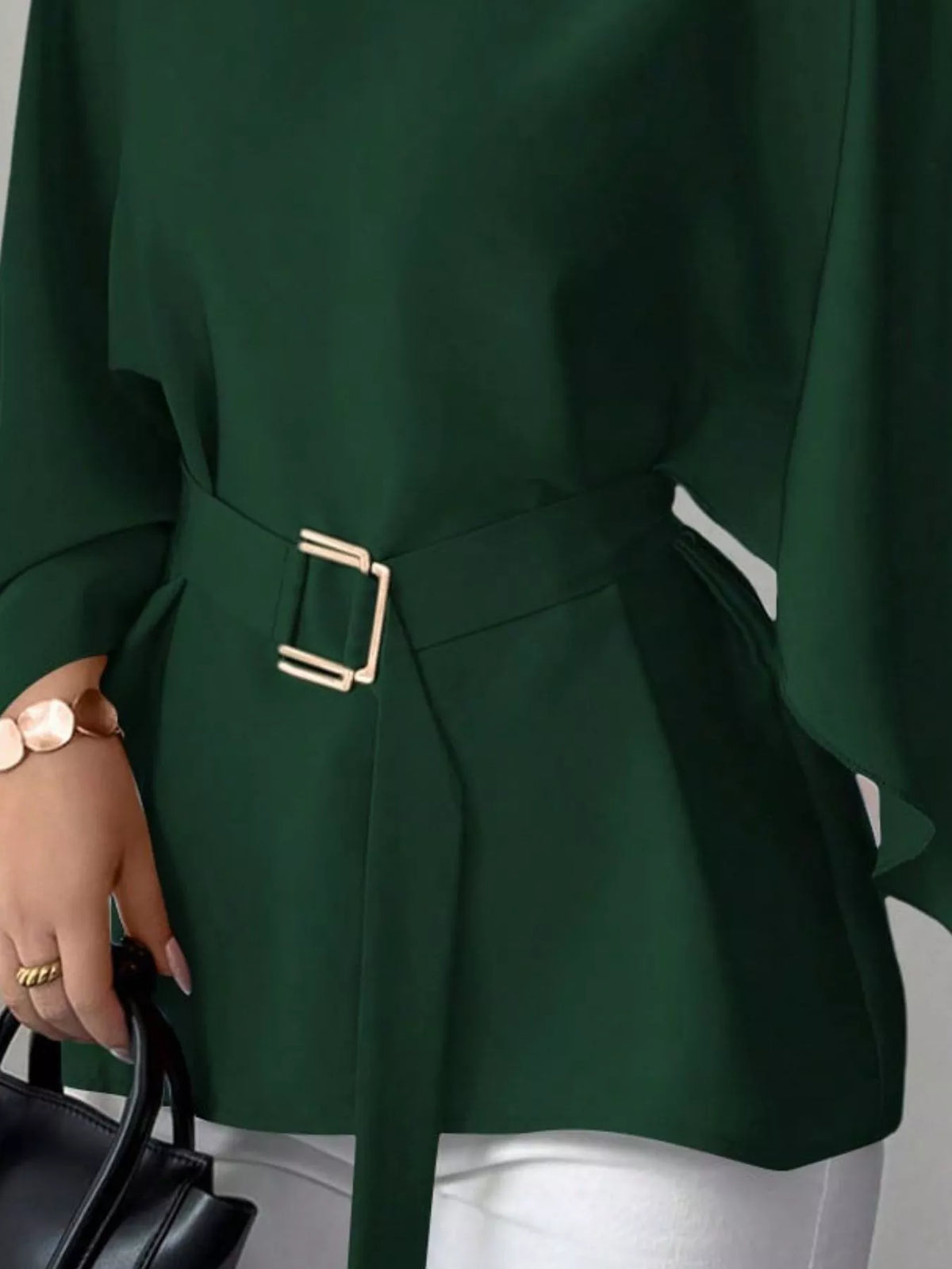 Round Neck Belt Batwing Sleeve Blouse