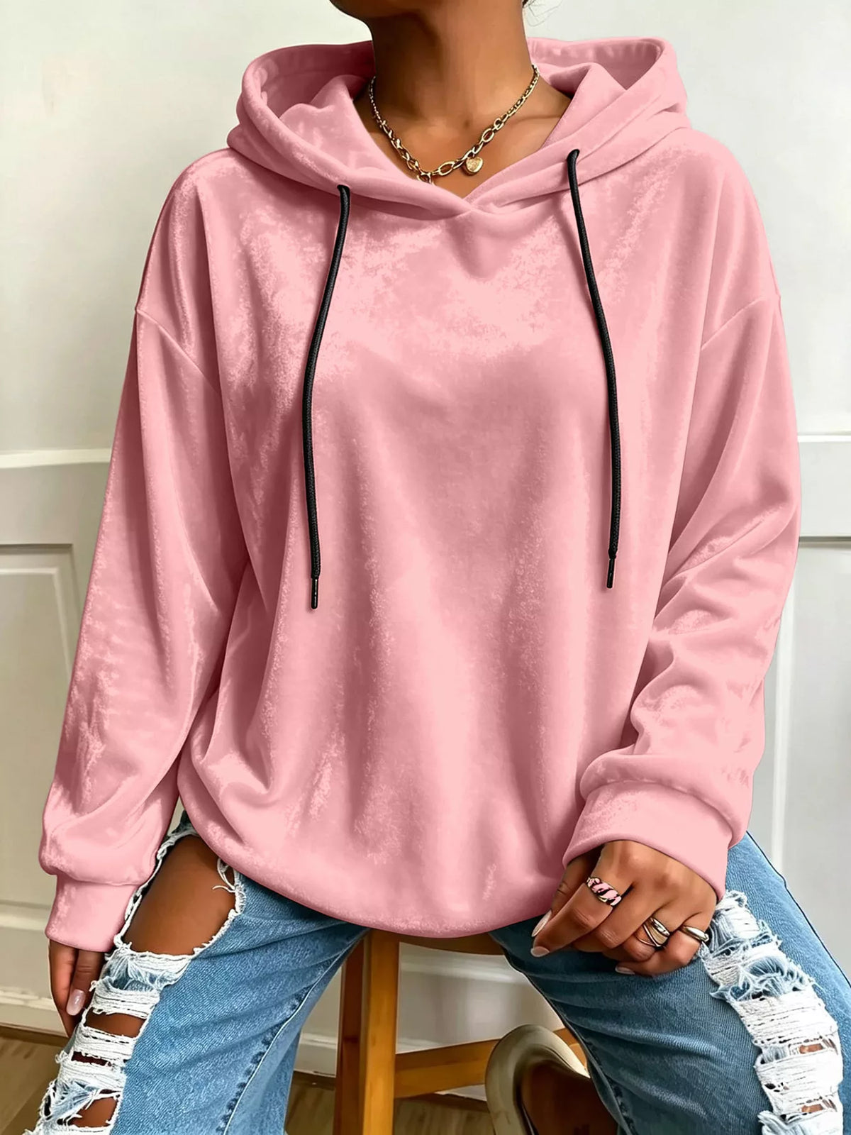 Plus Size Velvet Drawstring Dropped Shoulder Hoodie