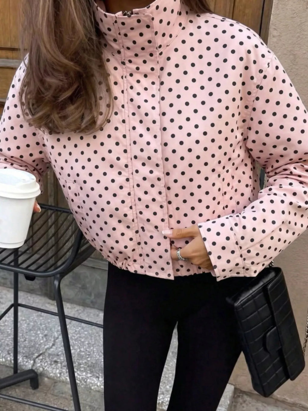 Polka Dot Zip Up Casual Jacket