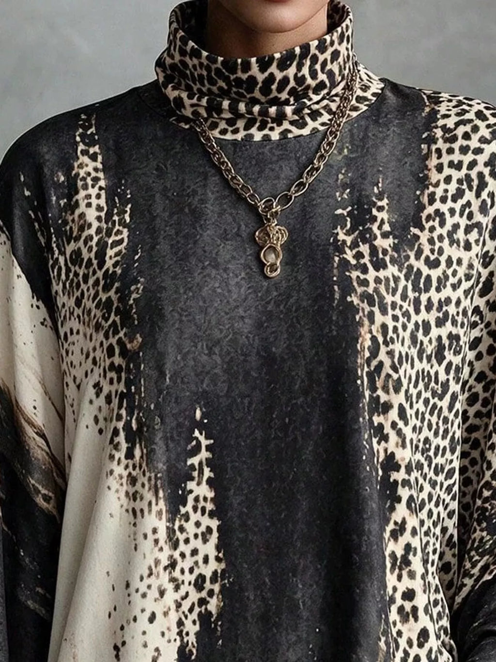 Leopard Print Mock Neck Fringe Hem Mini Dress