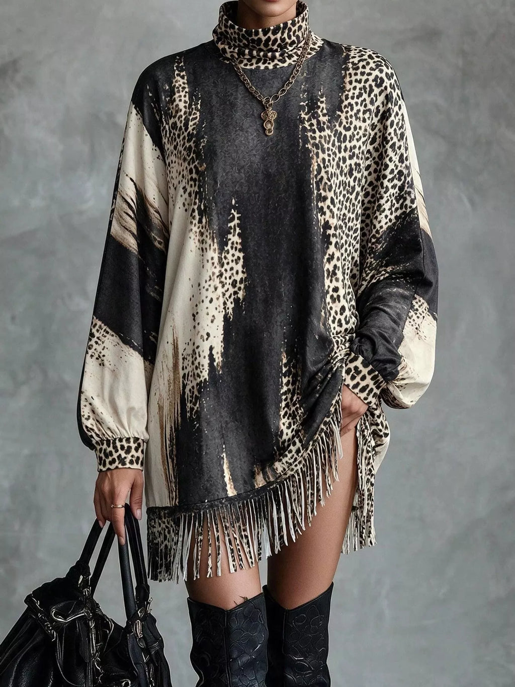 Leopard Print Mock Neck Fringe Hem Mini Dress