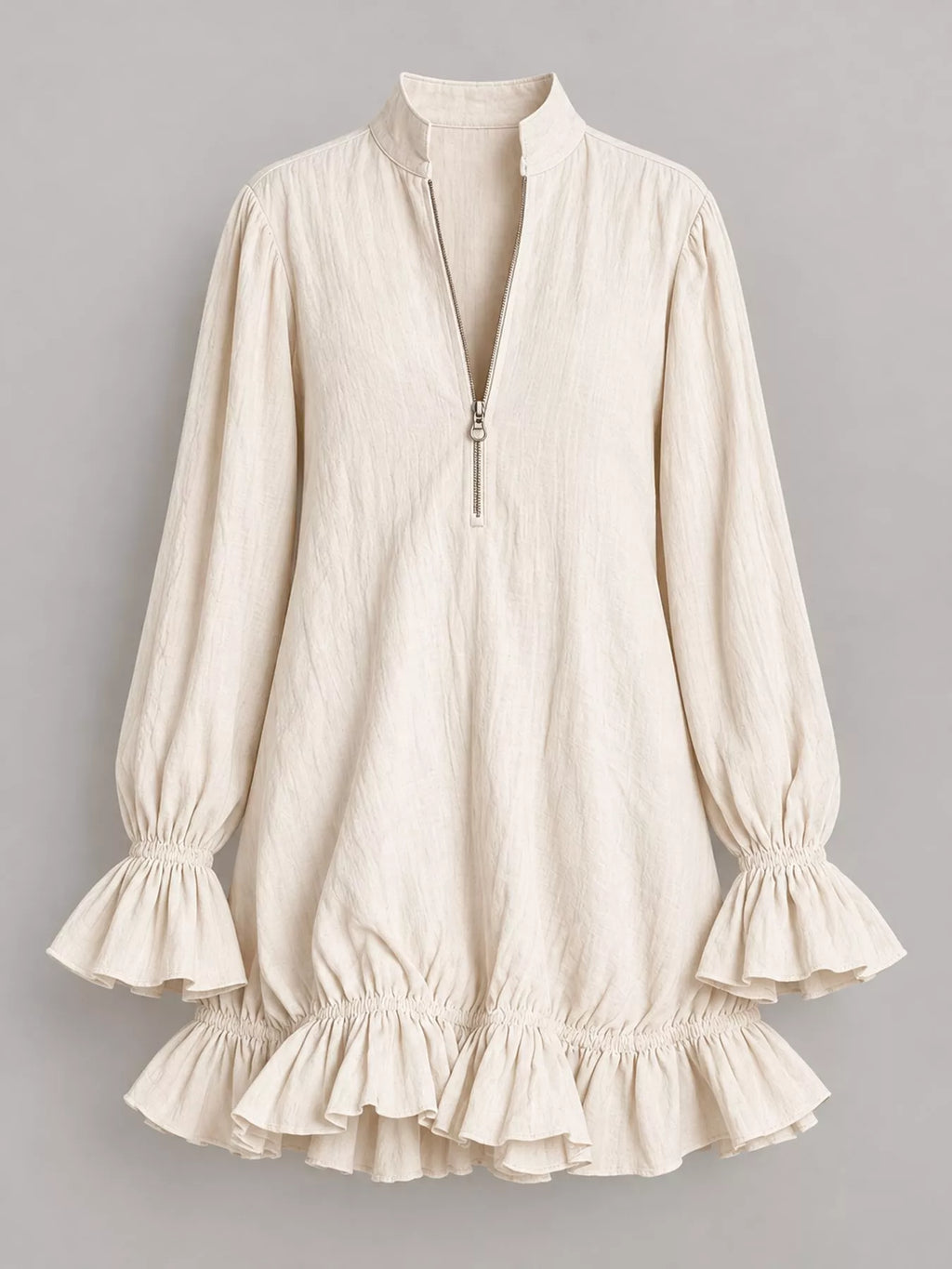 Zipper-Front Ruffle Hem Mini Dress
