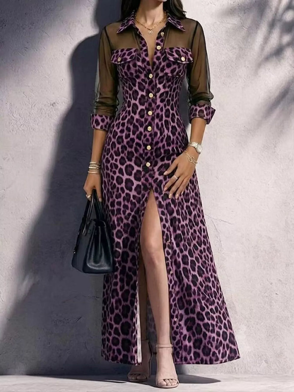 Full Size Leopard Print Sheer Mesh Panel Button-Down Maxi Dress Plus Size