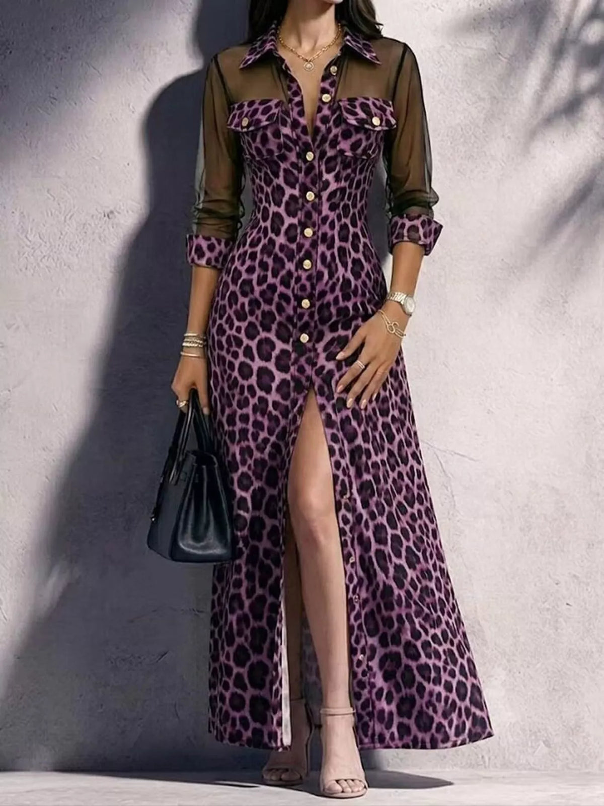 Full Size Leopard Print Sheer Mesh Panel Button-Down Maxi Dress Plus Size