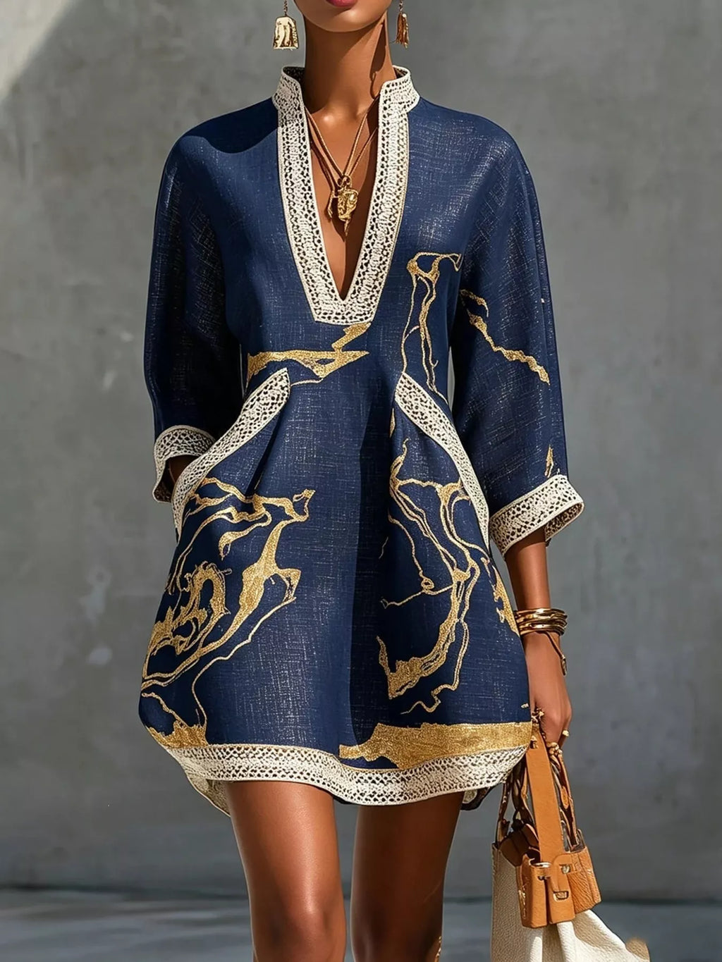 Notched 3/4 Sleeve Mini Dress