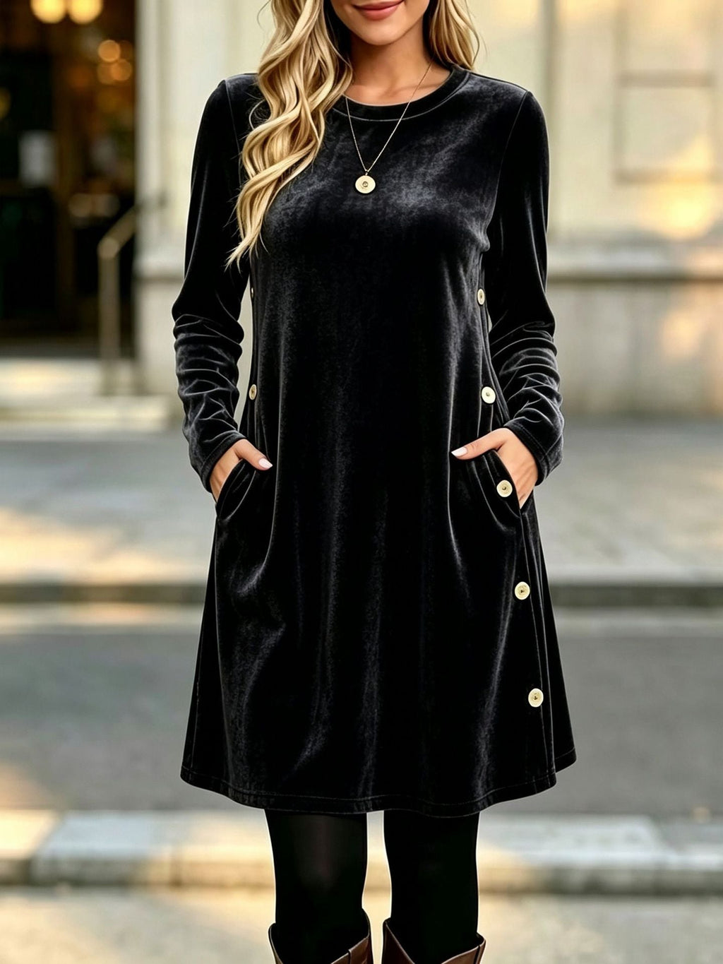 Womens Solid-color Velvet Long-sleeve Dress With Buttons