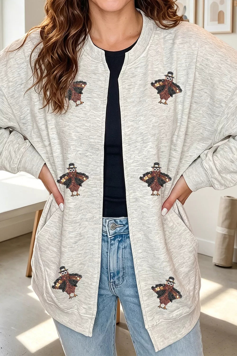 Sequin Turkey Graphic Casual Pocketed Open Front Sweatshirt