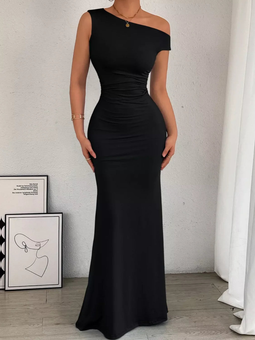 One-Shoulder Ruched Bodycon Maxi Dress