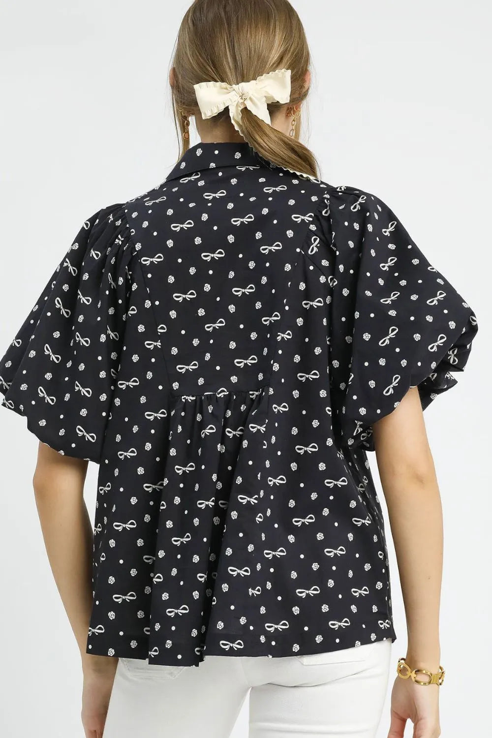 Umgee Bow Print Puff Sleeve Blouse