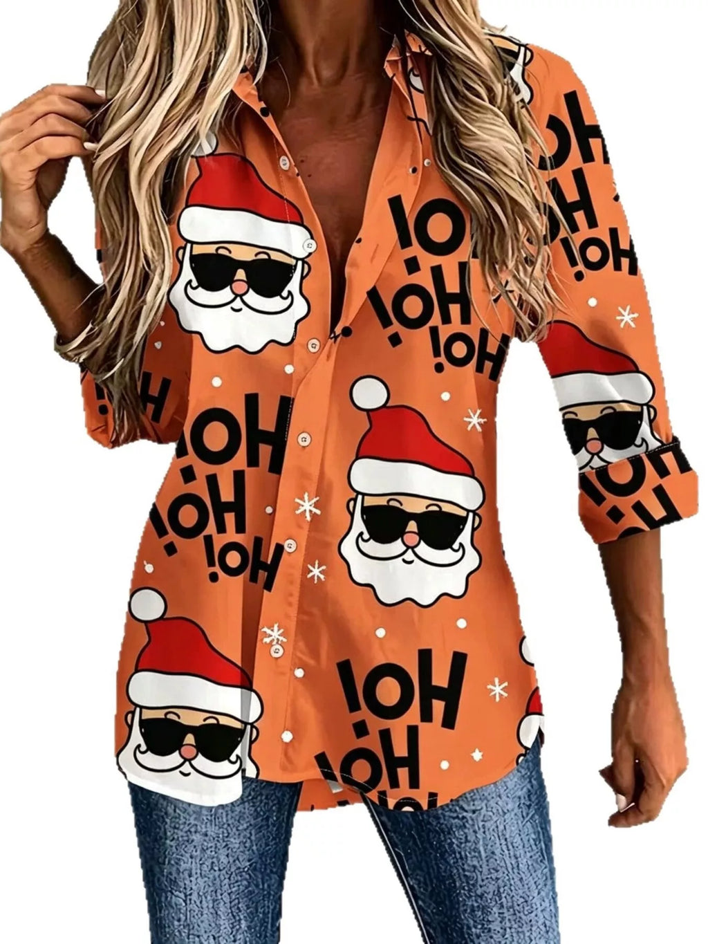 Full Size Christmas Santa Claus Print Button-Down Shirt Plus Size