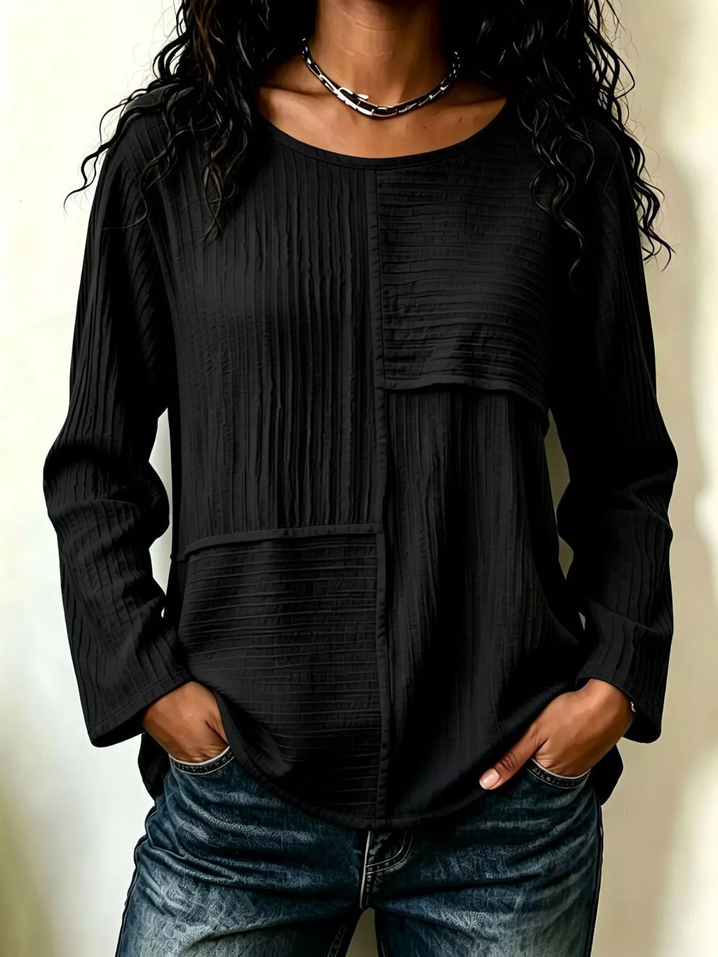 Textured Patchwork Long Sleeve Casual T-Shirt