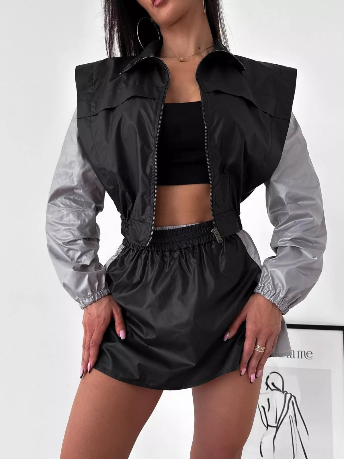 Color-Block Cropped Jacket and Skort Set