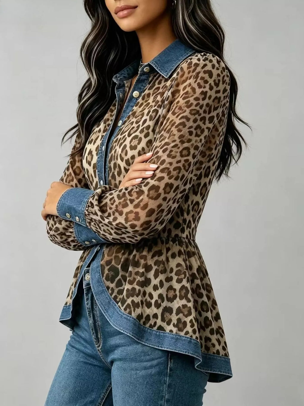 Denim Contrast Trim Leopard Shirt