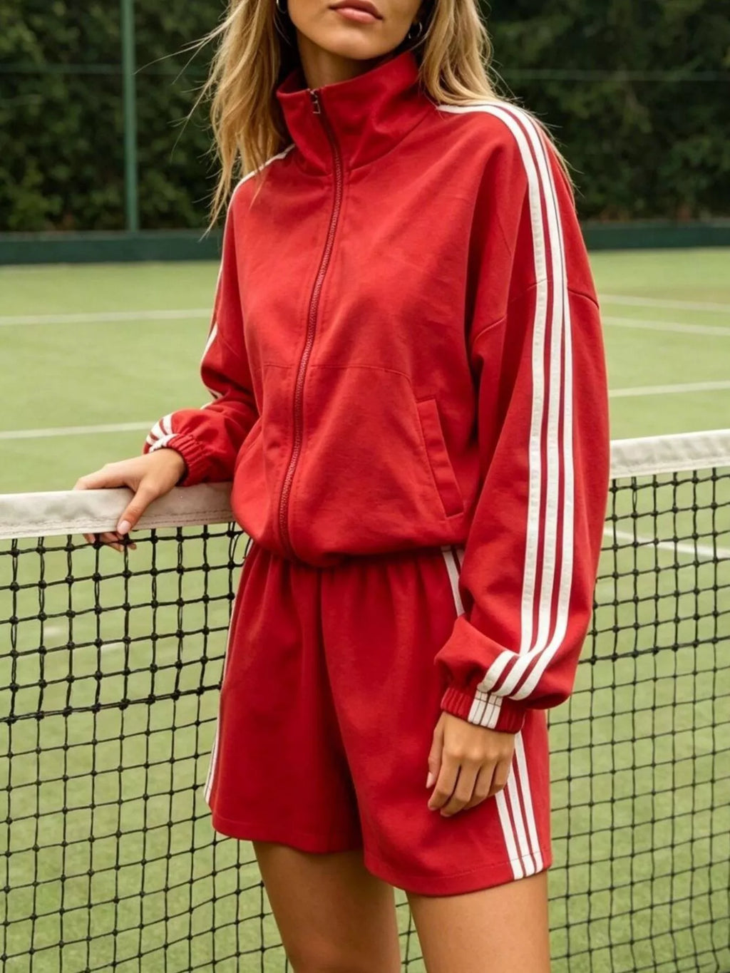 Side Stripe Detail Cropped Sporty Jacket and Shorts Set