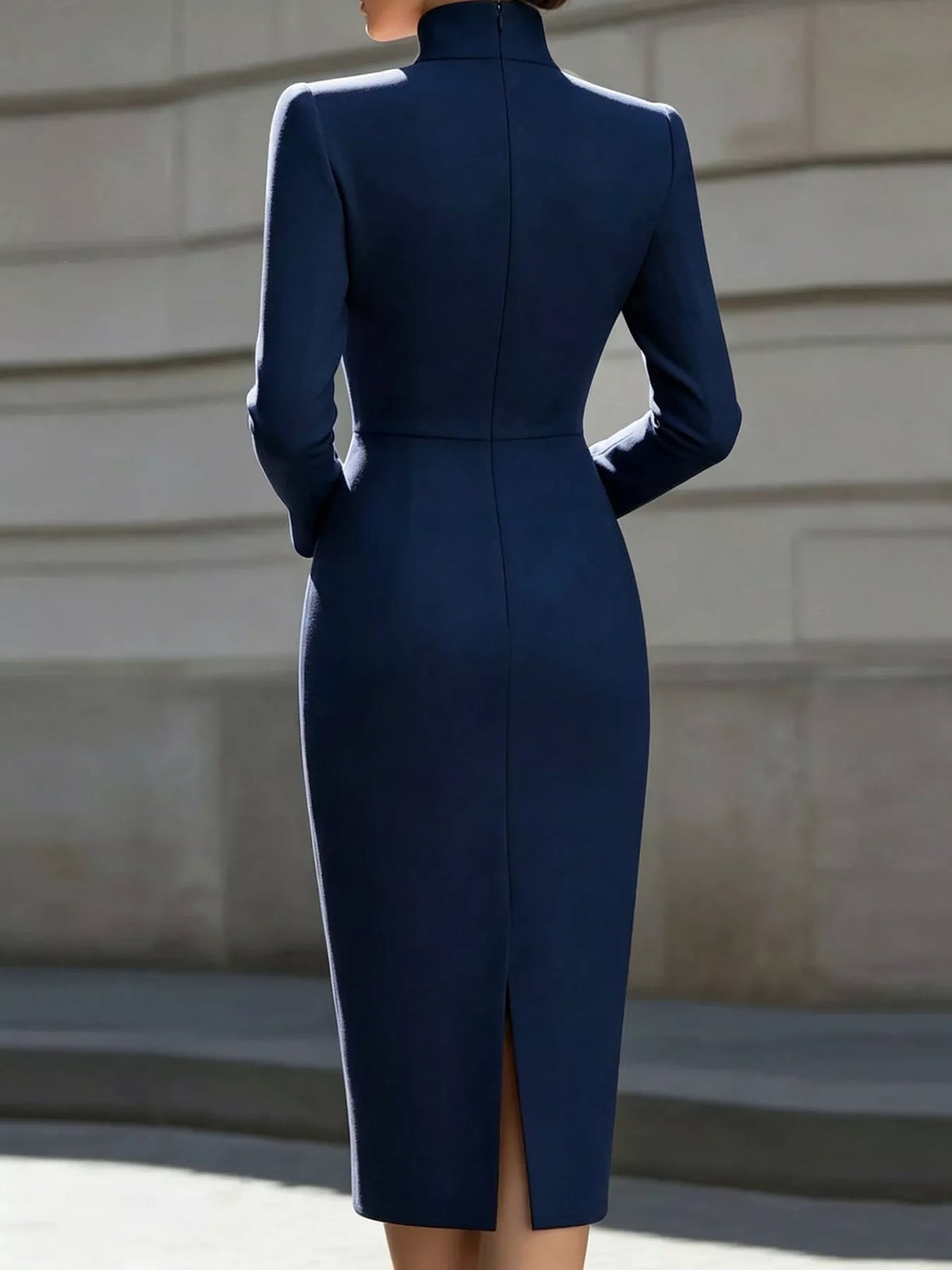 Full Size Stand-Collar Long-Sleeve Midi Dress Plus Size