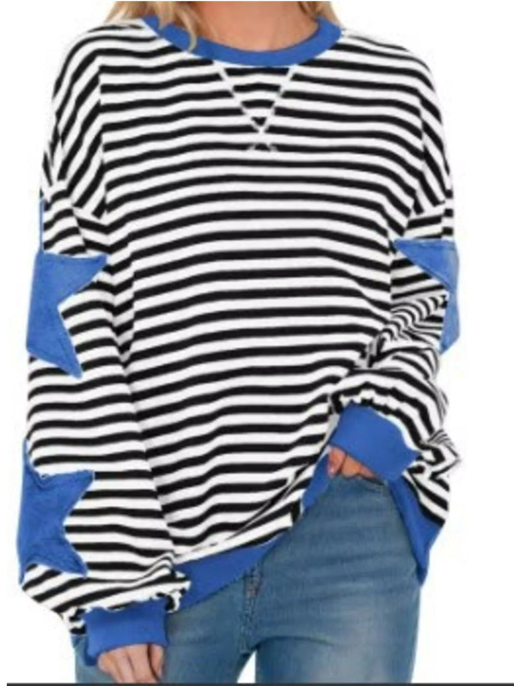 Full Size Star Patch Striped Oversized Sweatshirt Plus Size