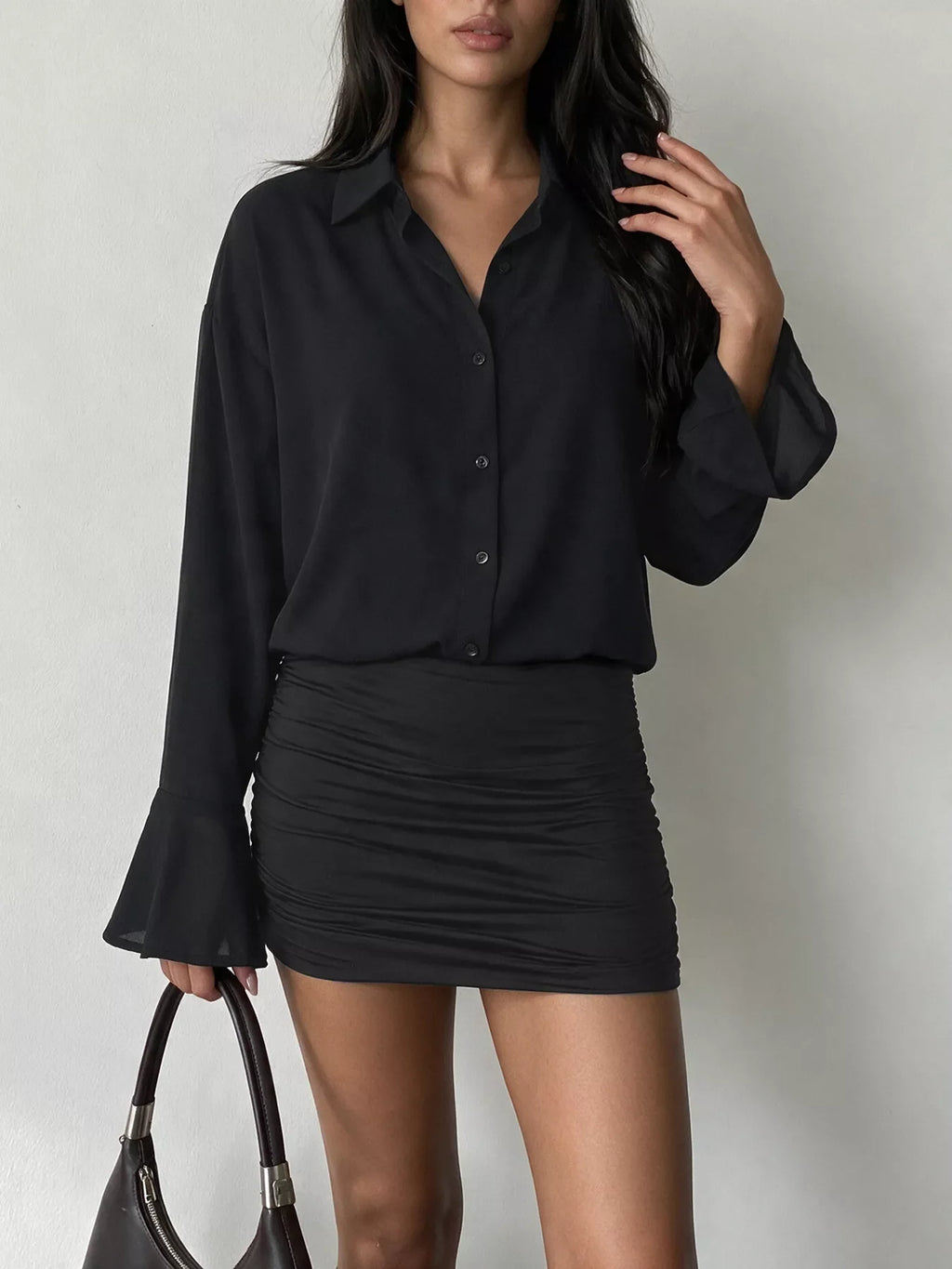 Button Front Flounce Sleeve Bodycon Shirt Dress