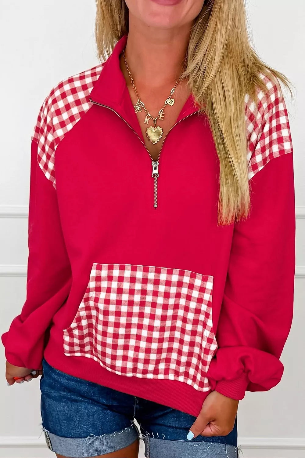 Plaid Kangaroo Pocket Quarter-Zip Sweatshirt