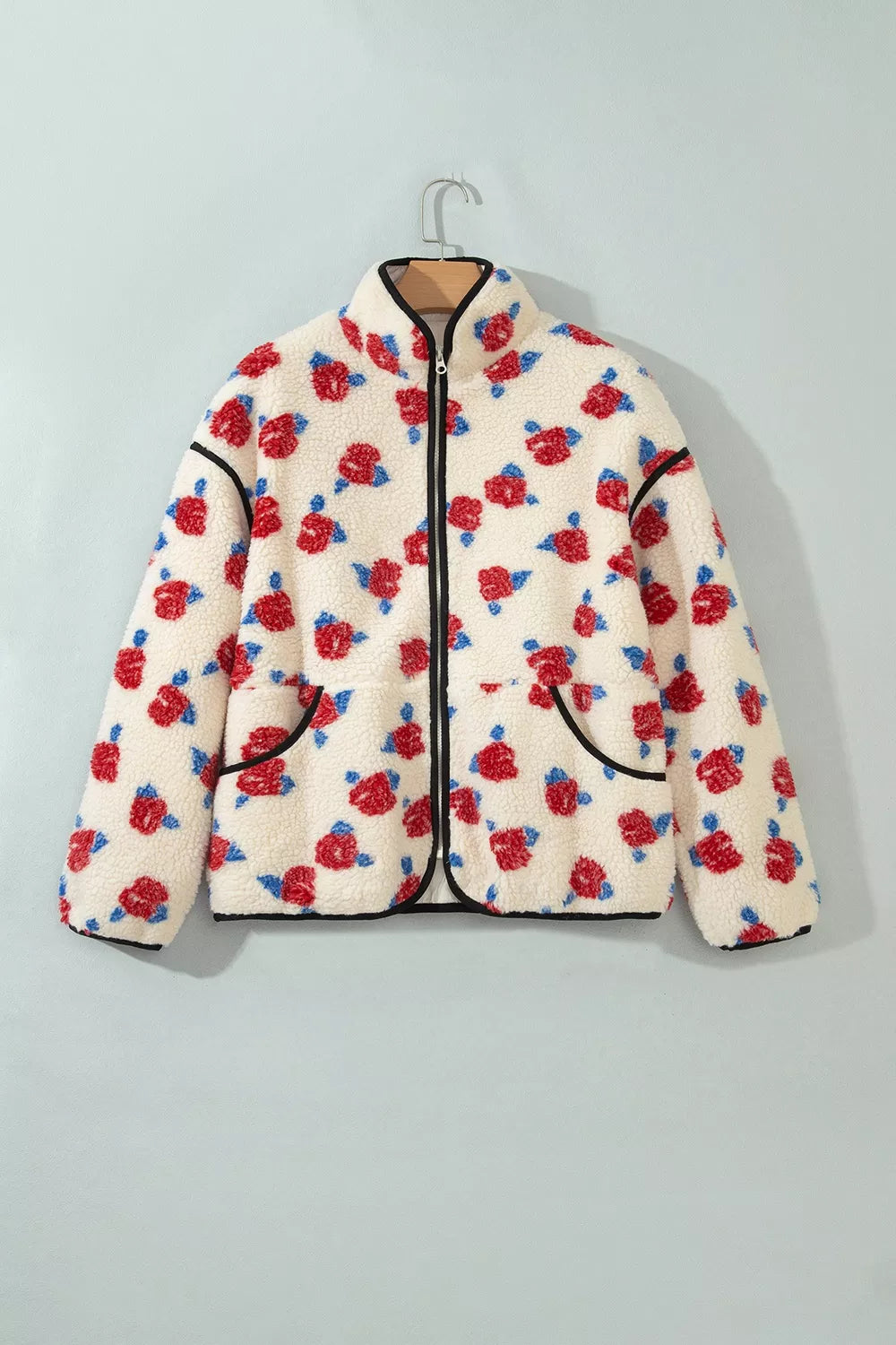 Floral Print Zipper Stand Neck Outerwear Fleece Coat